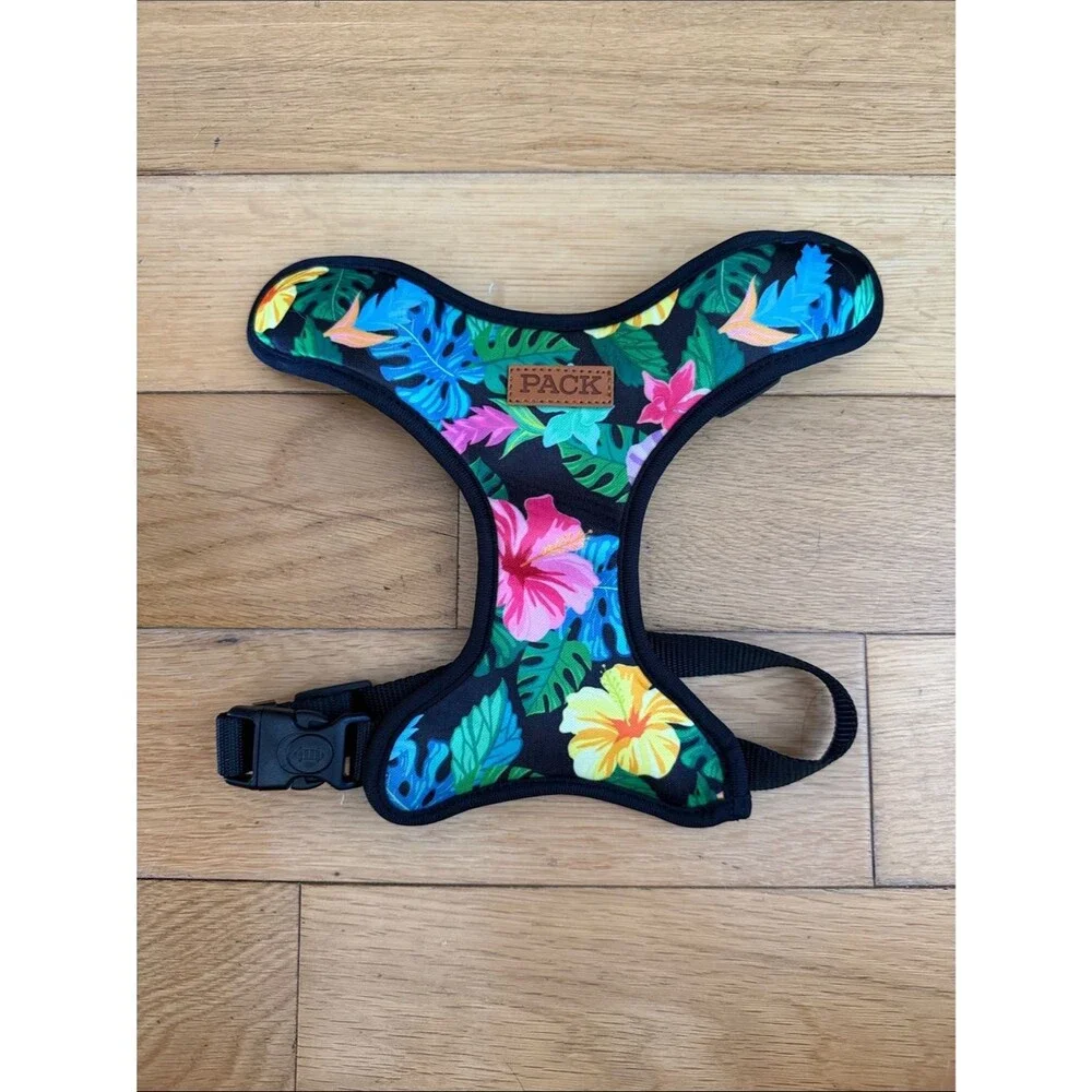Reversible Tropical Floral Dog Harness - Black with Multicolor Hibiscus Print